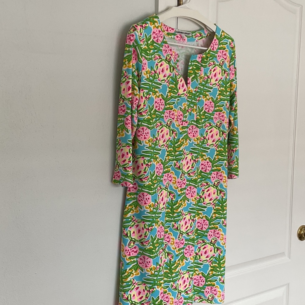 Barbara Gerwit Resort Dress with Green and Pink Turtle Accents